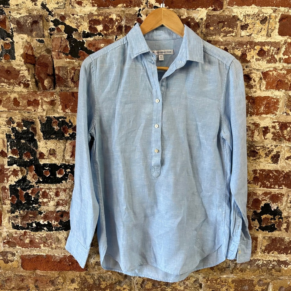 Southern Tide Womens XS 1/4 Button Linen Shirt Blue long sleeve